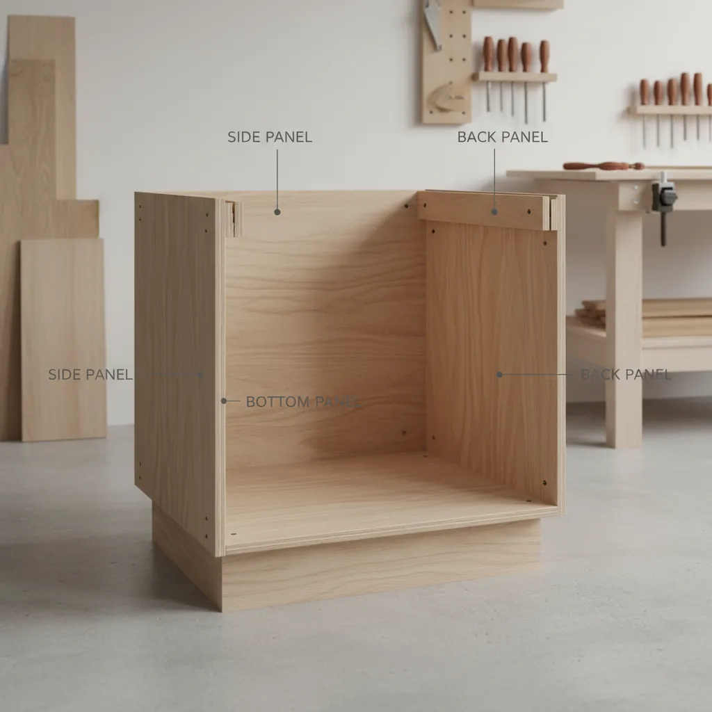 cutaway diagram showing plywood panels forming a kitchen cabinet box structure