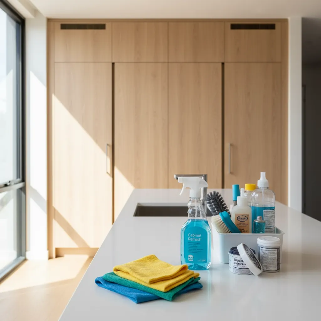 preparing kitchen cabinets for smoke cleaning with microfiber cloth and supplies