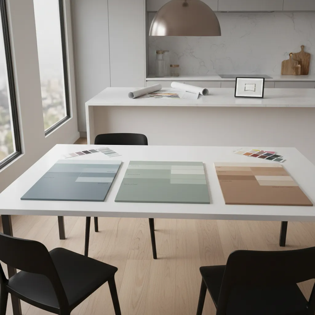 kitchen cabinet color samples displayed on cabinet doors