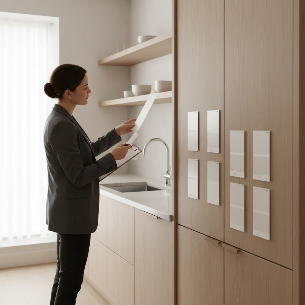Multiple white paint samples tested on kitchen cabinets under natural lighting