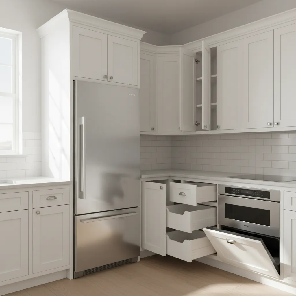 Kitchen cabinet corner clearance planning for drawers and appliances