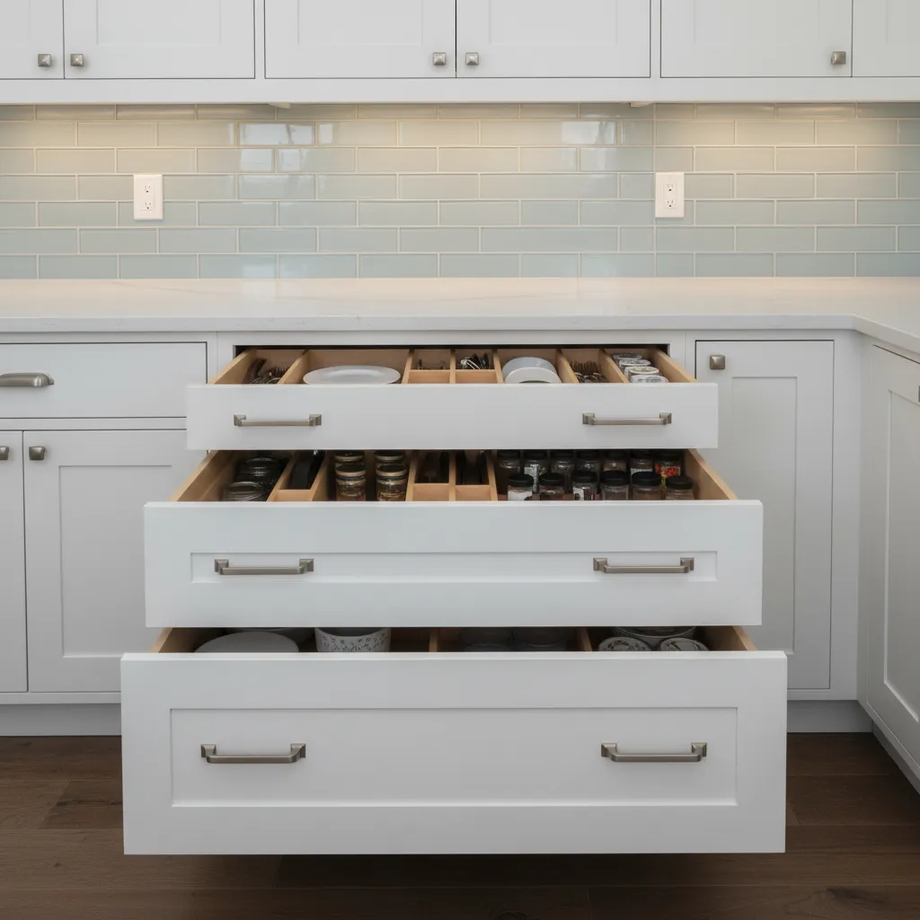 modern kitchen cabinets showing storage drawers and organization systems
