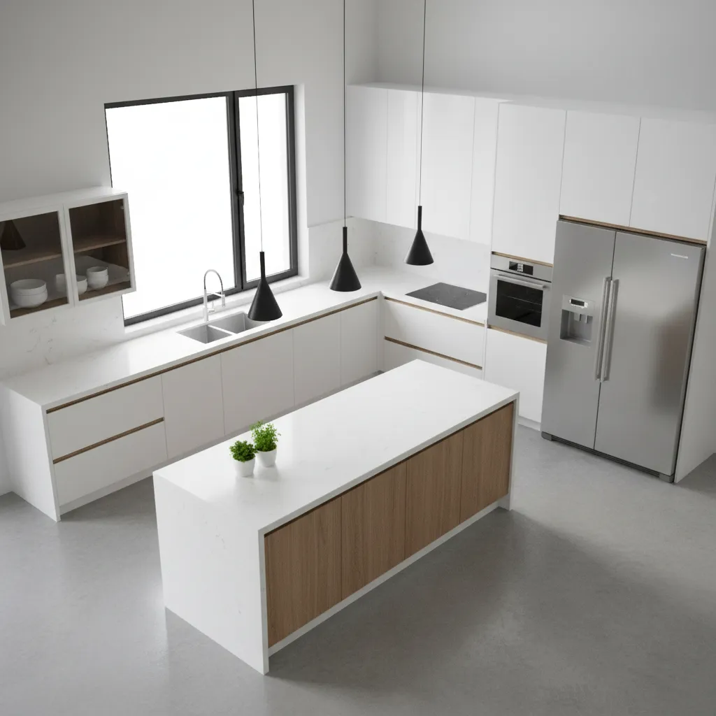 Kitchen design illustrating cabinet layout affecting remodel costs