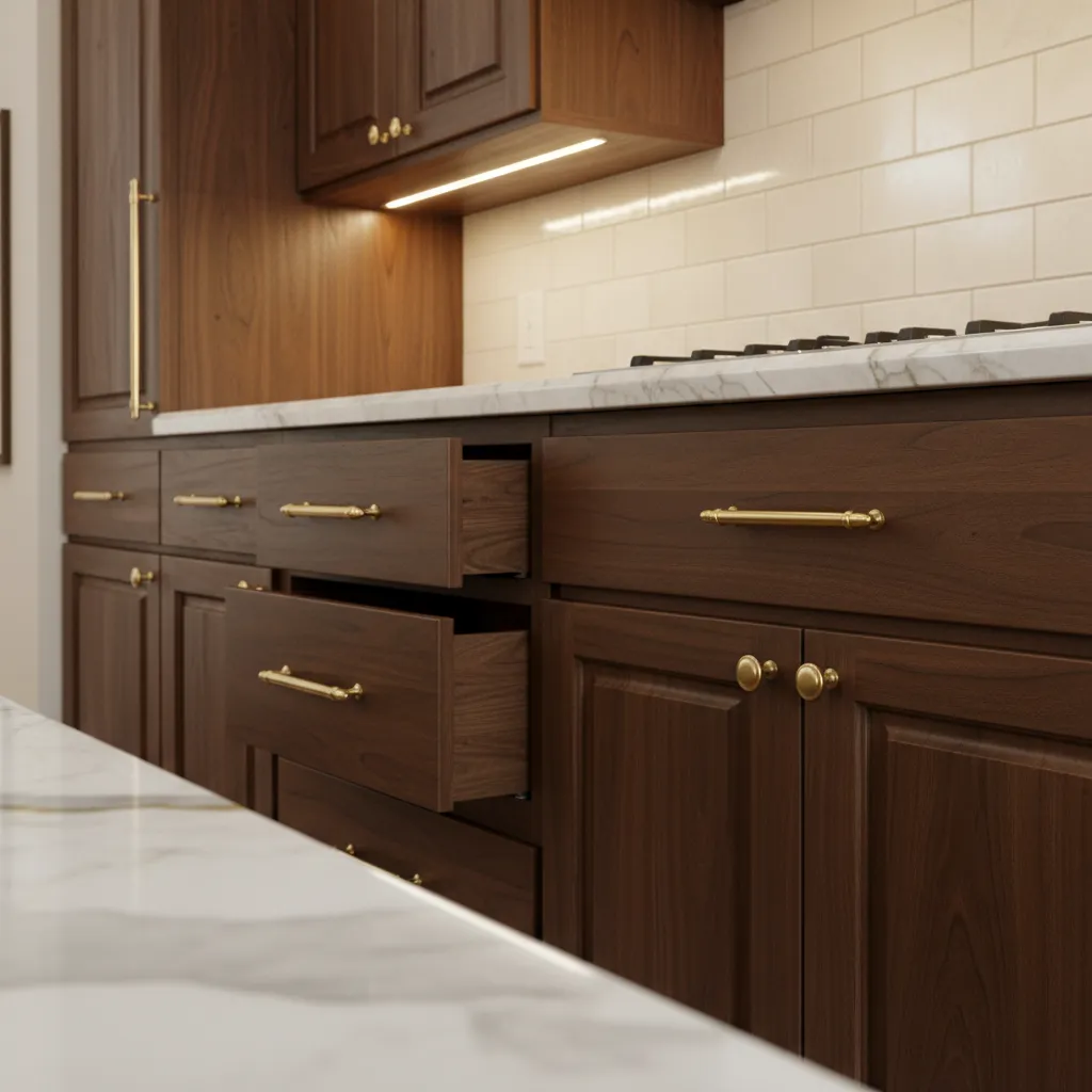 Close view of custom kitchen cabinets and drawers showing craftsmanship and materials