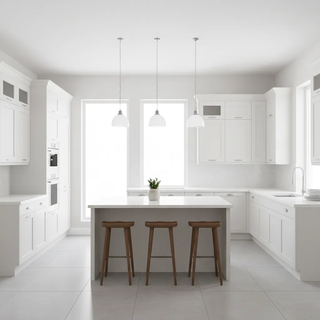 Modern kitchen layout with cabinets and stone countertops