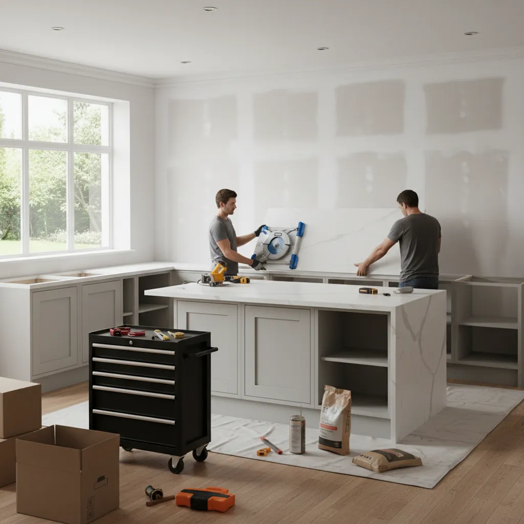 kitchen renovation showing cabinet and countertop replacement process