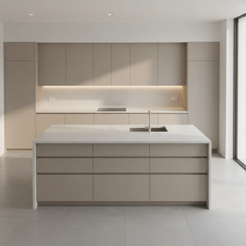 Minimalist kitchen design with large beige island matching wall cabinets simple sink and warm lighting