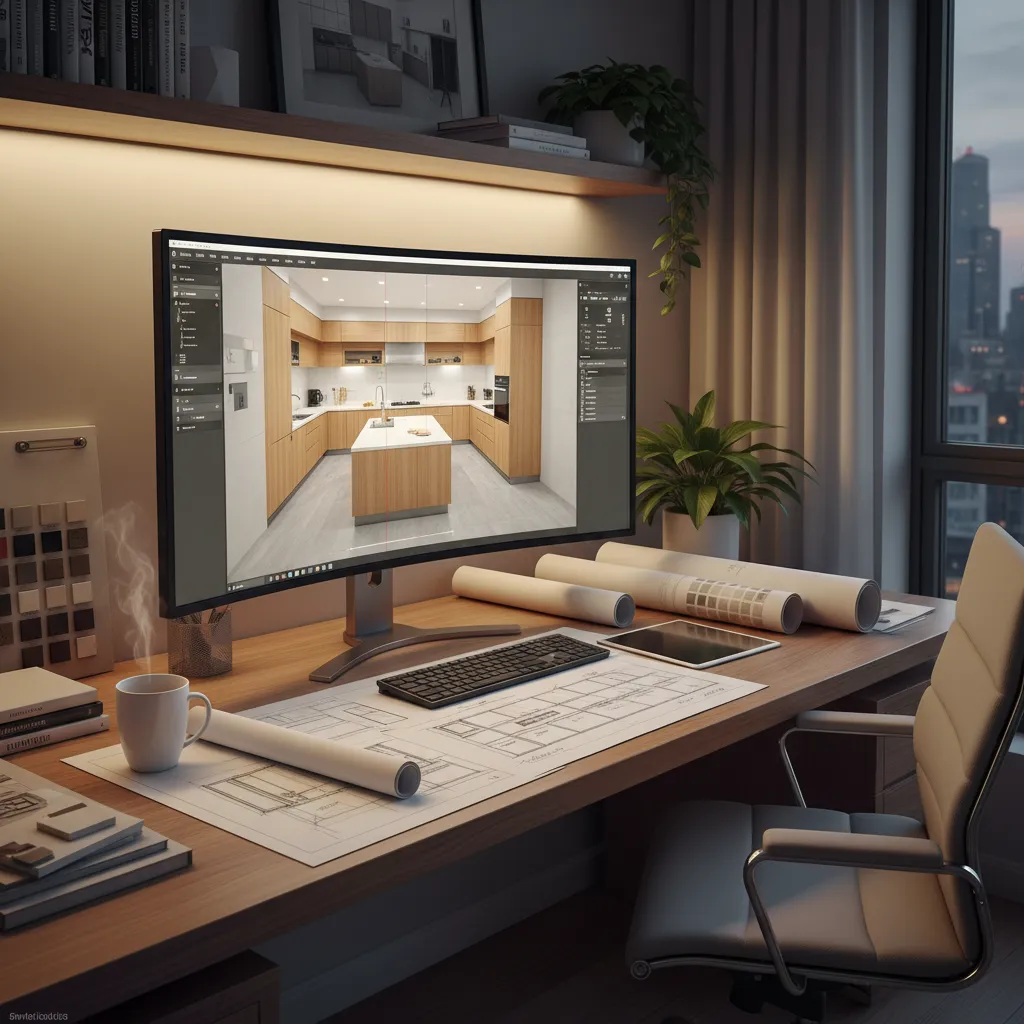 designer planning kitchen cabinet layout on digital floor plan