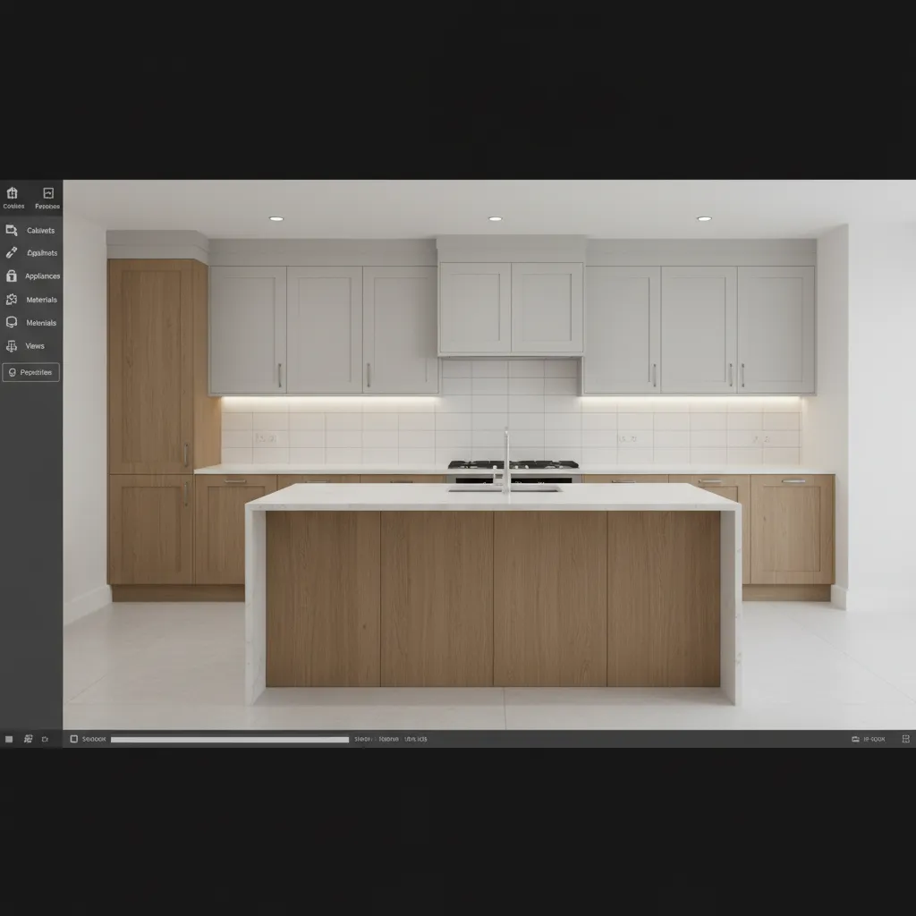 3D kitchen cabinet layout displayed on a computer design tool interface