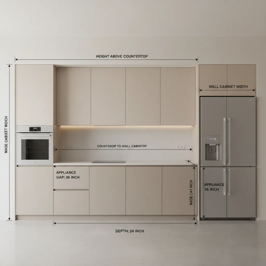 Interior design drawing showing precise dimensions for kitchen cabinets with built in fridge and oven