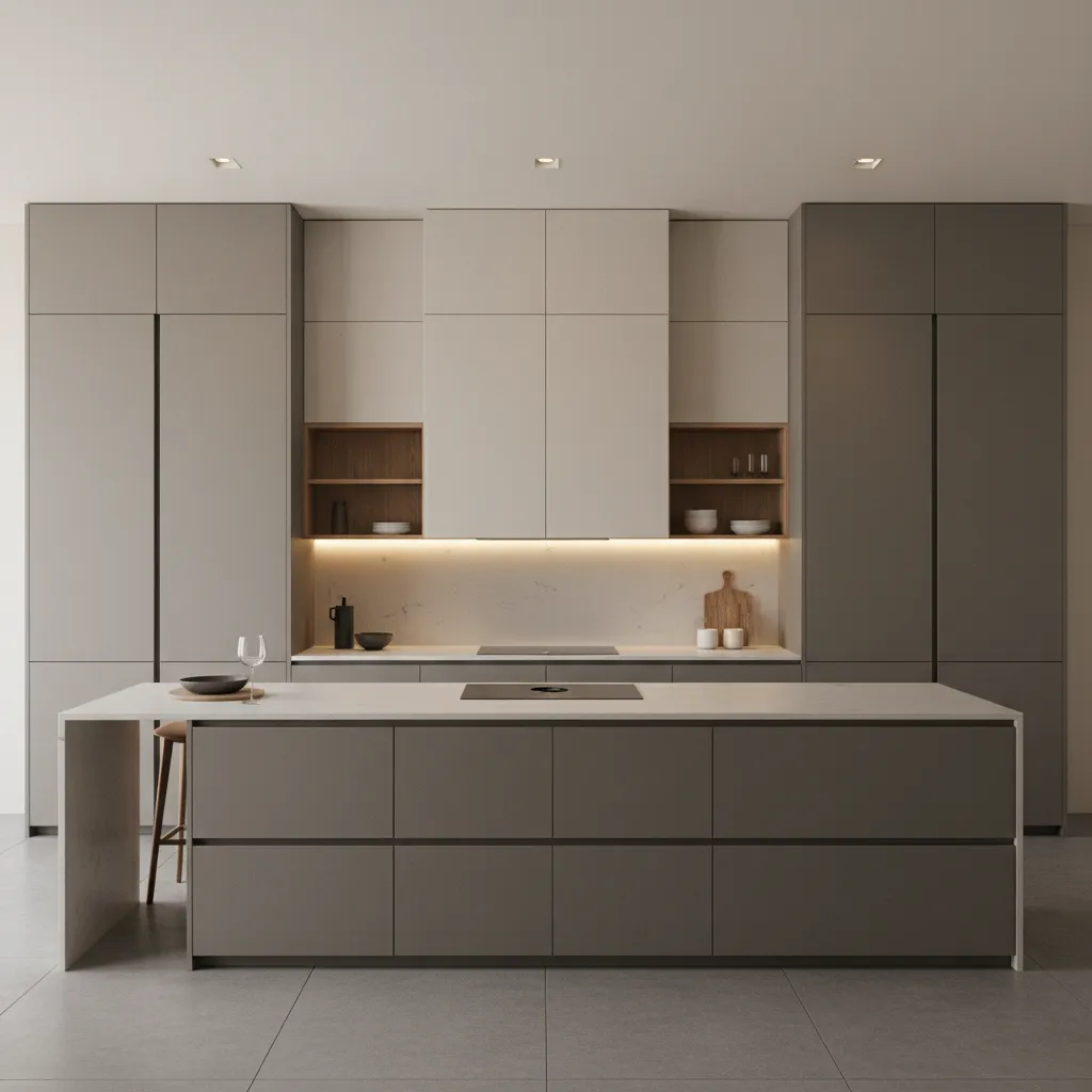 Kitchen showing different cabinet widths and heights for storage planning