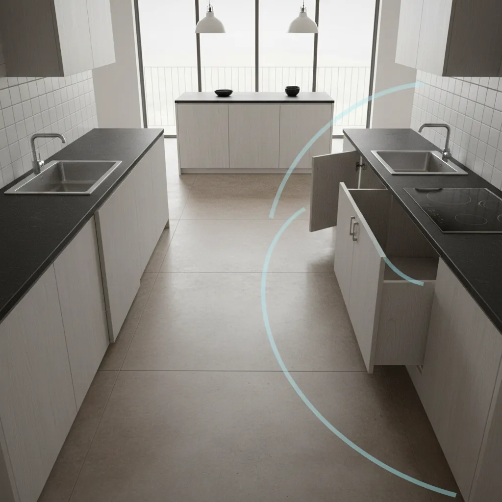 kitchen layout comparison showing sliding cabinet doors versus hinged doors clearance