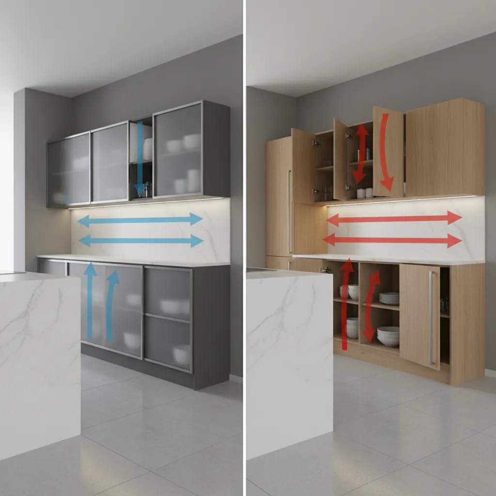 Comparison of sliding cabinet doors versus hinged cabinet doors in kitchen layout