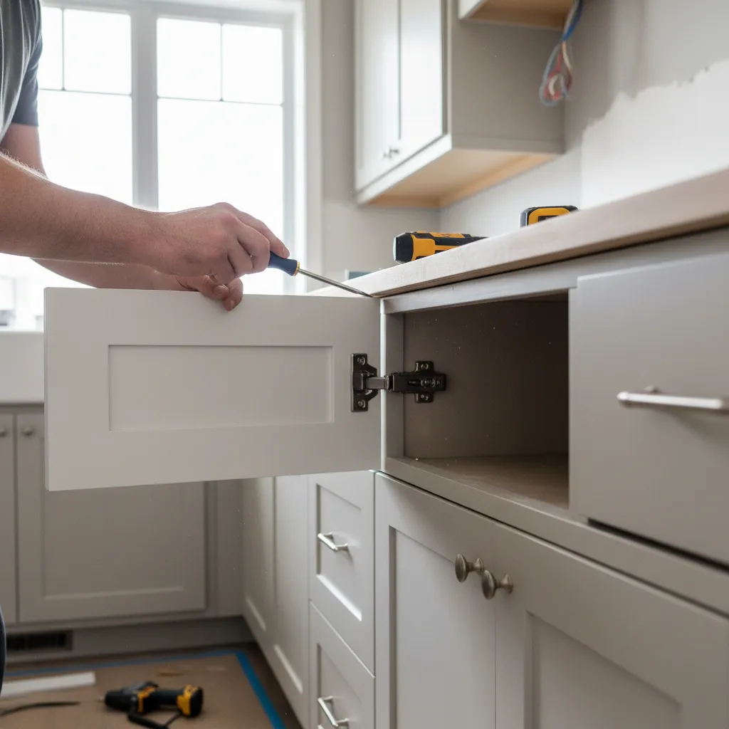 Close view of installing hinges on a kitchen cabinet door