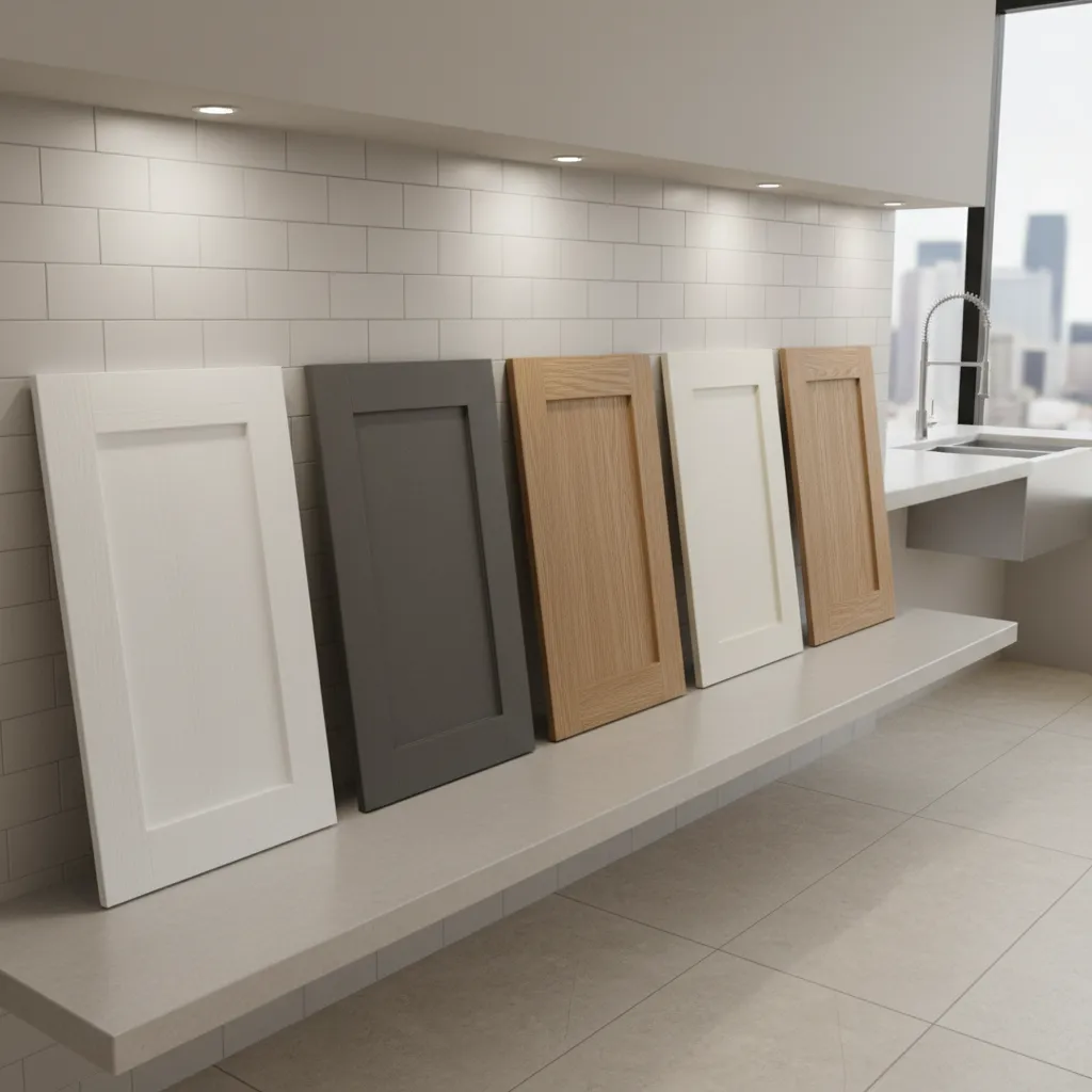 Different kitchen cabinet door materials including MDF, shaker wood, and slab styles