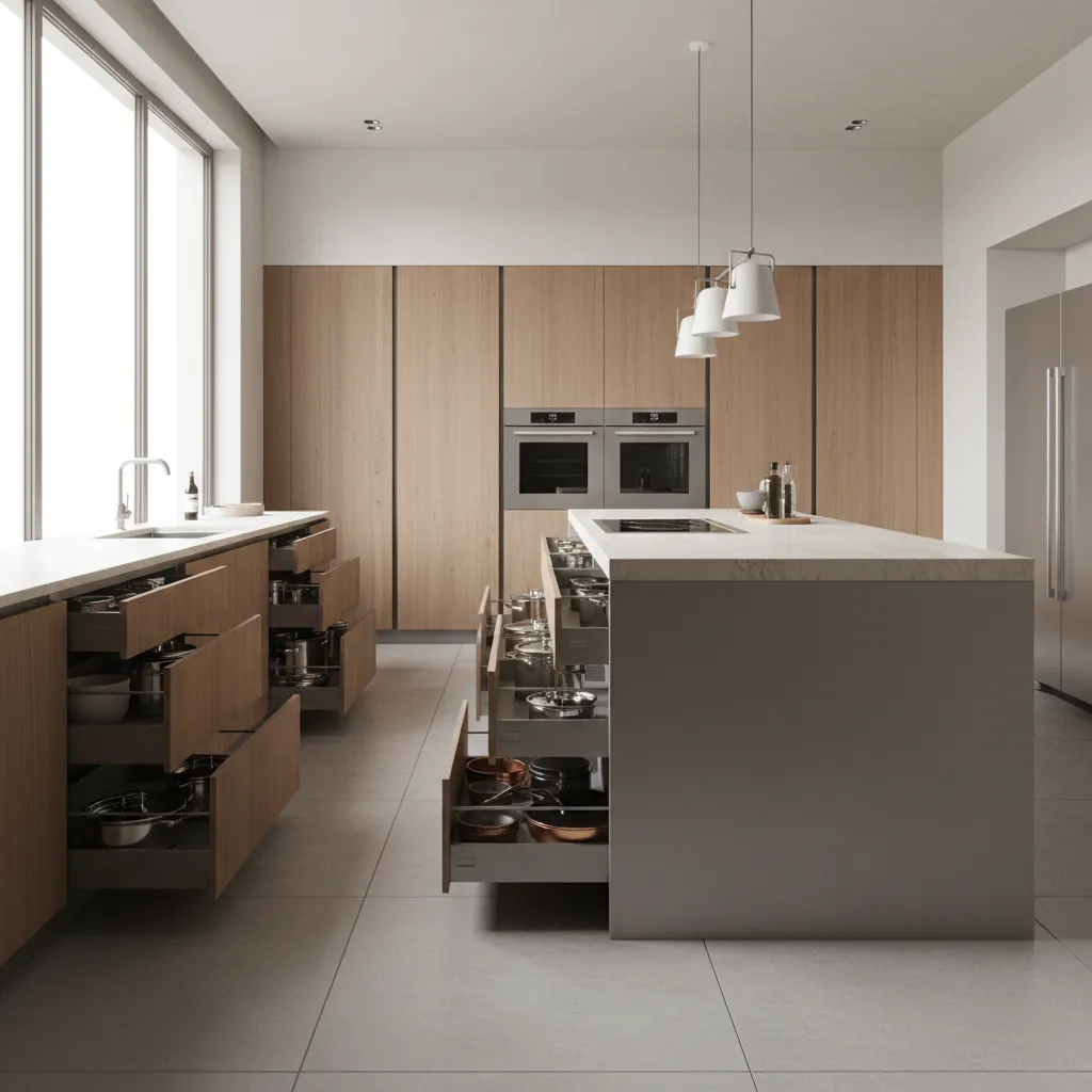 Spacious kitchen island and wood cabinets with open drawers showing plenty of storage for cookware