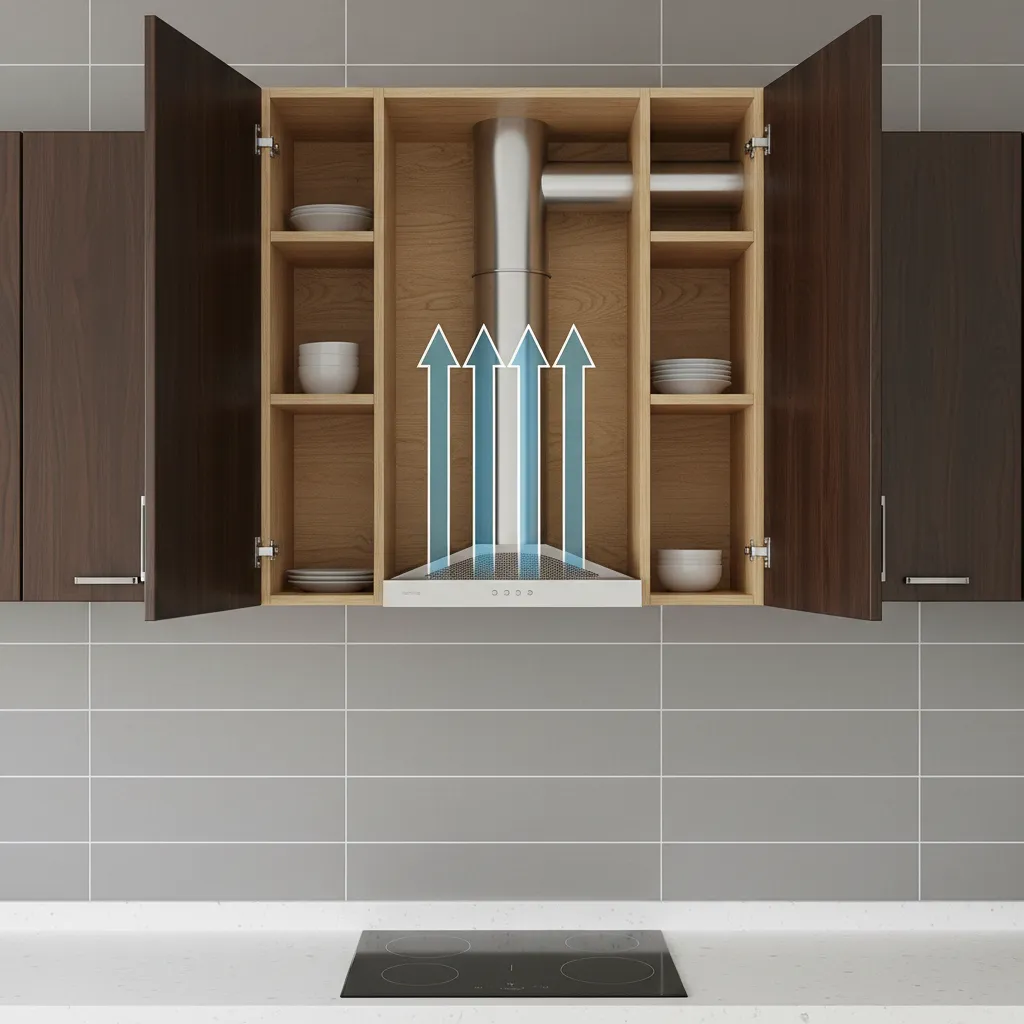 Cutaway view of kitchen hood cabinet showing duct routing and airflow path