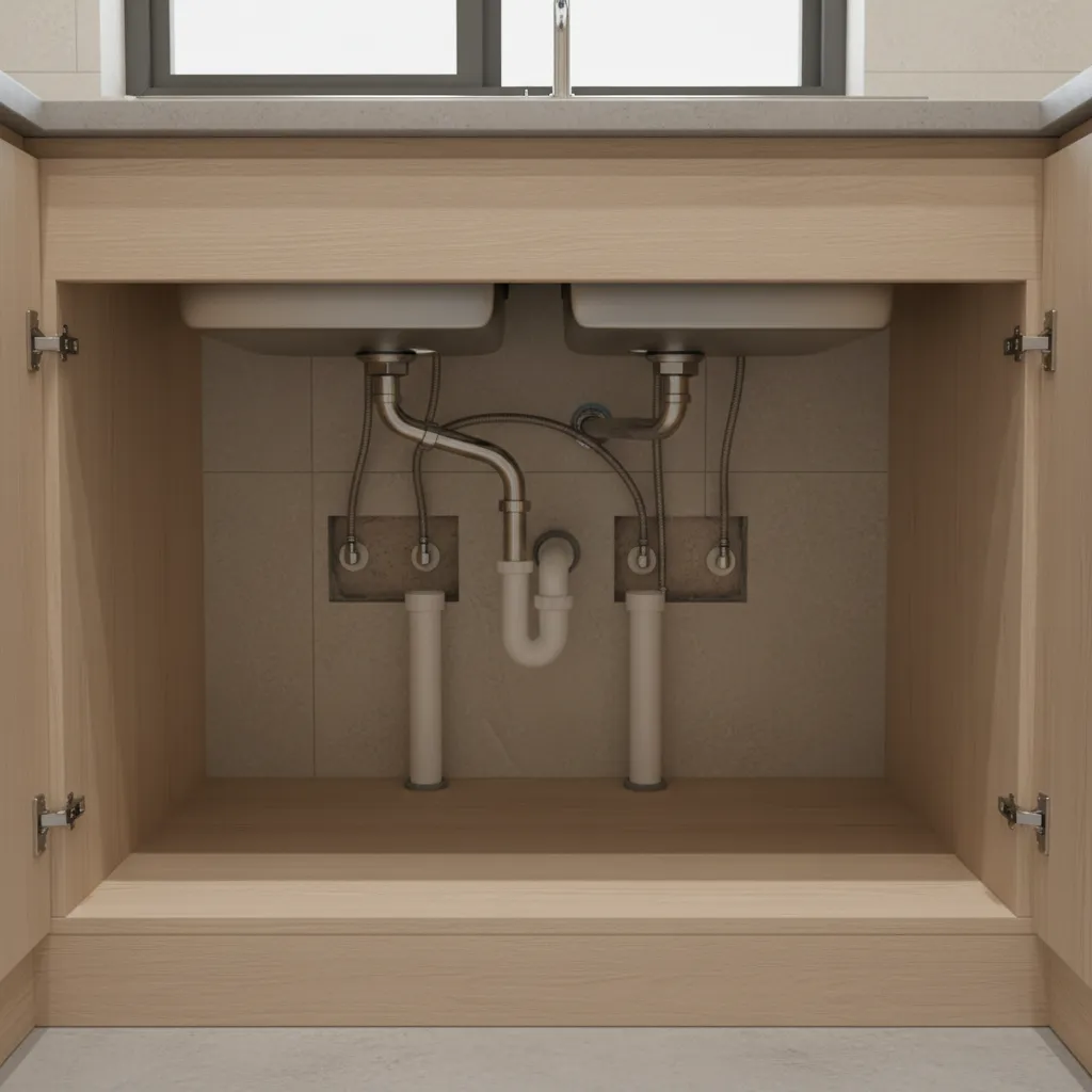 Gap around sink pipes inside kitchen cabinet where ants enter