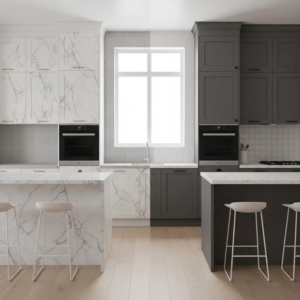 Side by side comparison of vinyl wrapped cabinets and painted cabinets