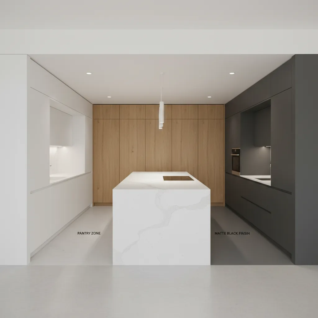 Kitchen diagram showing cabinet finish zones for pantry and cooking areas