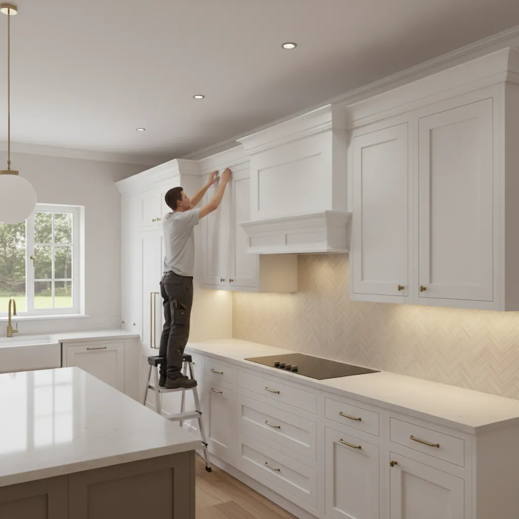 Installer adding crown molding and trim to finished kitchen cabinets