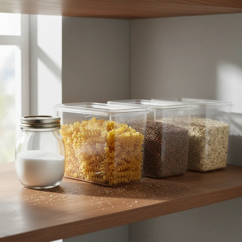 Kitchen cabinet shelf with sugar jar and small crumbs attracting ants