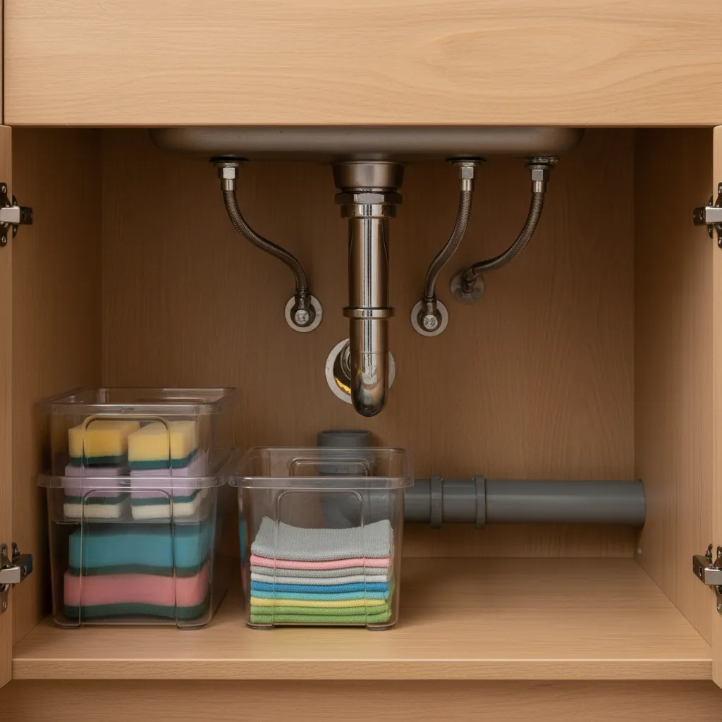 close-up of kitchen cabinet corner and pipe gap where small bugs may hide