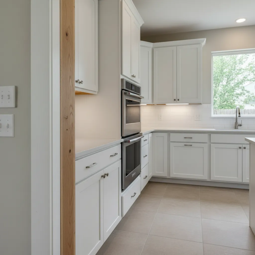 Visible gap between kitchen cabinet and wall before installing filler