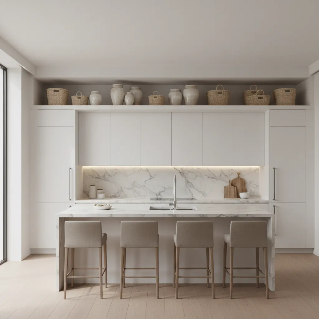 Kitchen with visible gap above cabinets showing decorative baskets and pottery