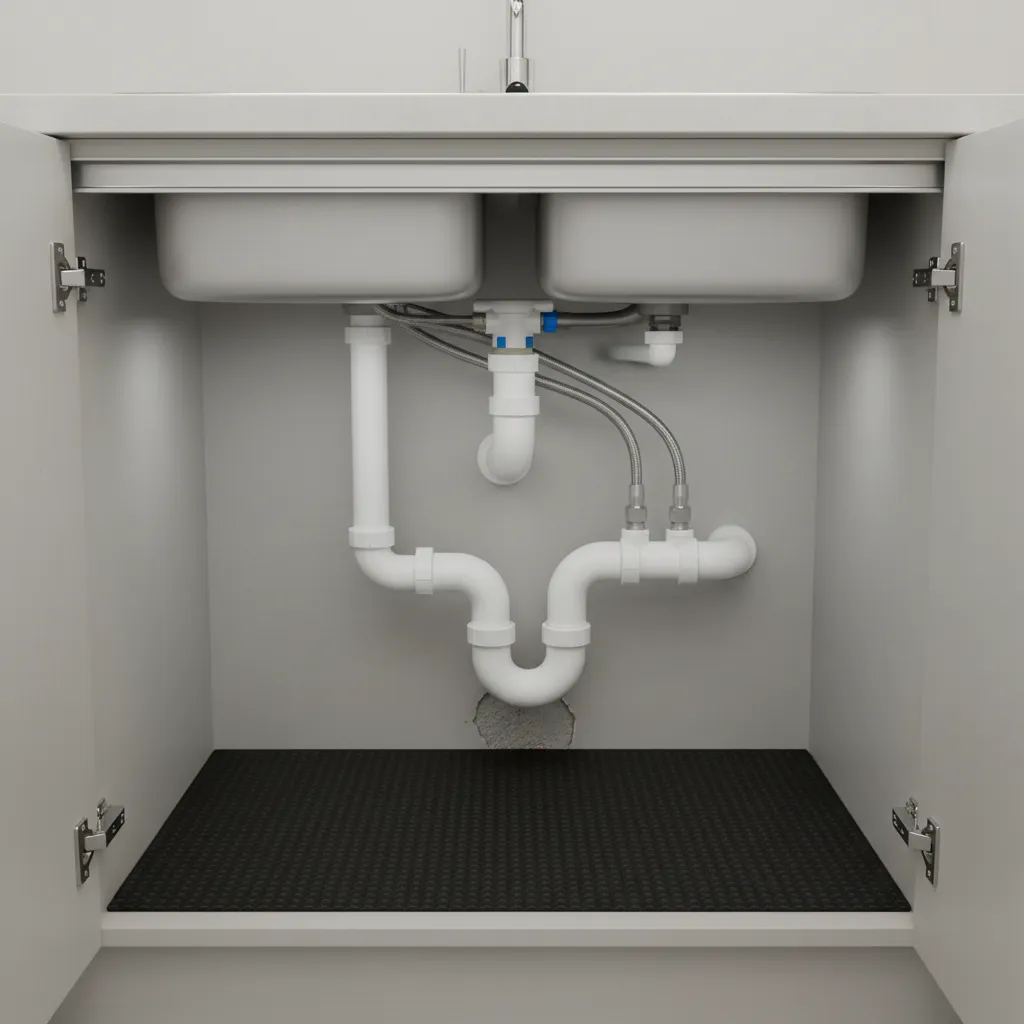 gap around plumbing under kitchen sink cabinet where insects enter