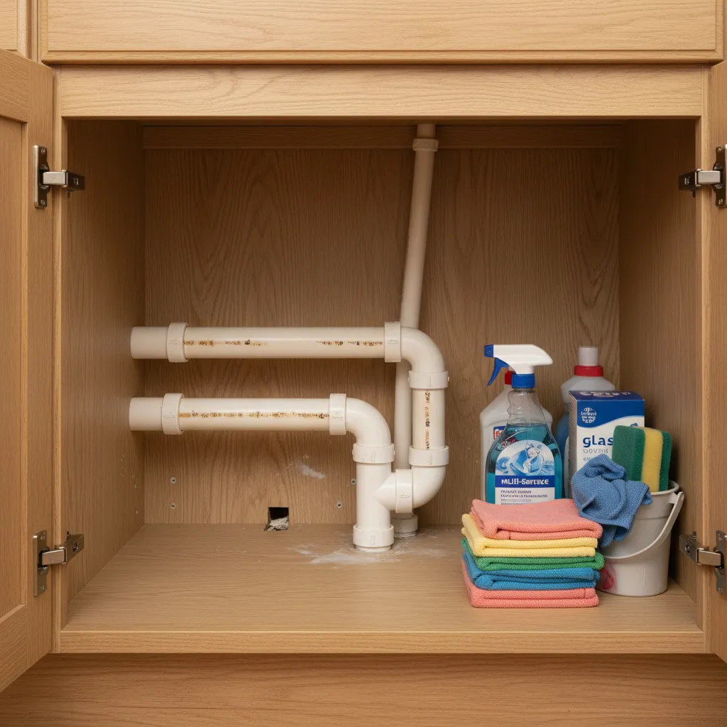 under sink cabinet showing moisture and gaps where insects enter