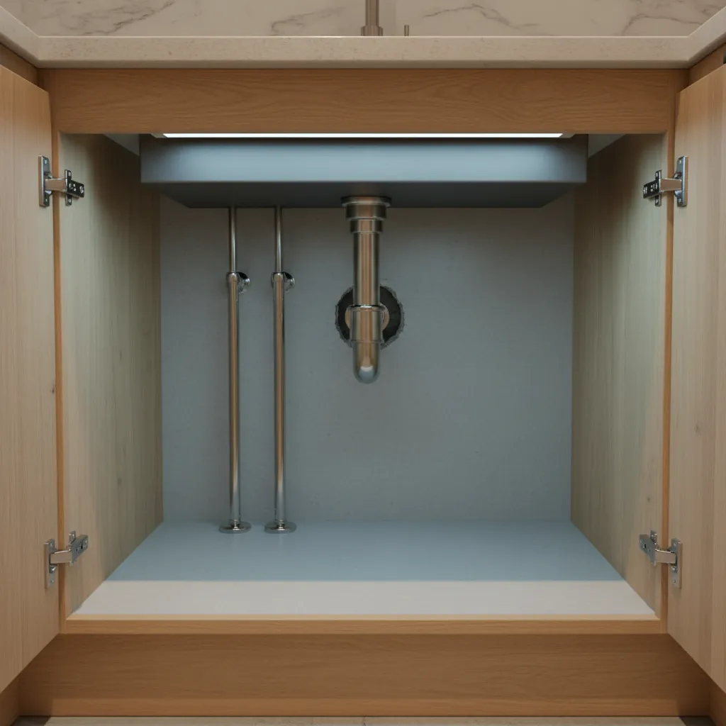 Kitchen sink cabinet showing plumbing gaps where cockroaches can enter