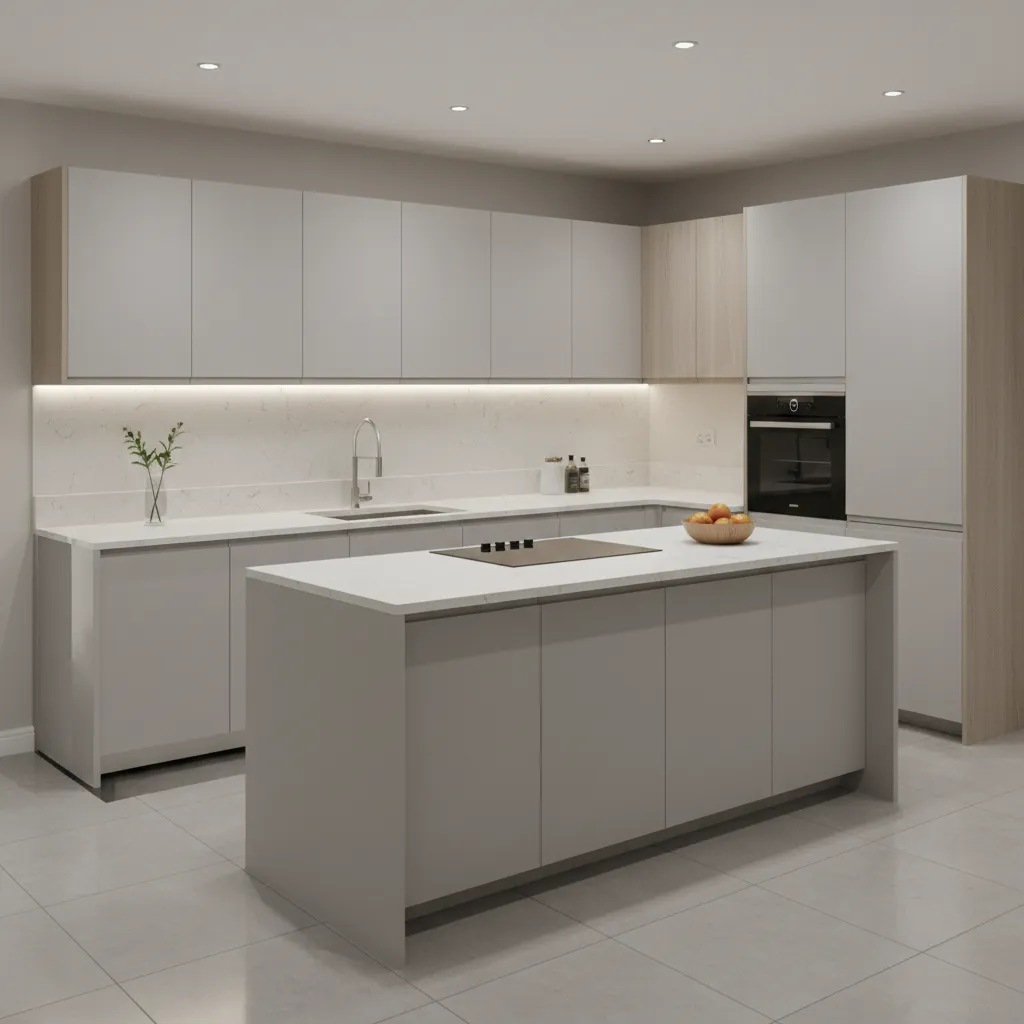Modular kitchen cabinets with visible gaps behind units showing hidden pest areas