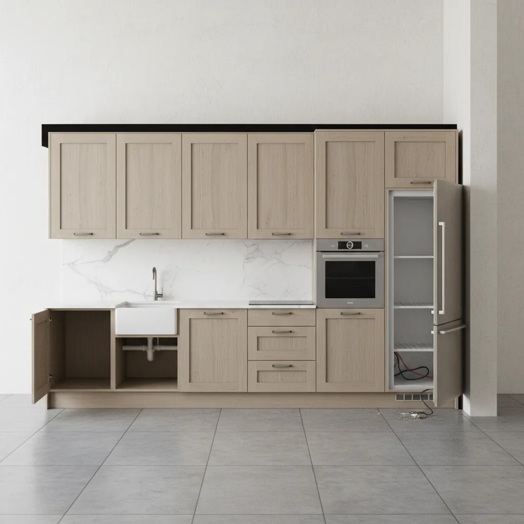 diagram style visualization of gaps behind kitchen cabinets where cockroaches hide