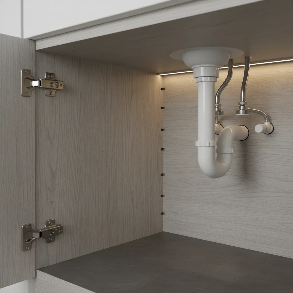 close view of kitchen cabinet gaps and plumbing holes where roaches hide