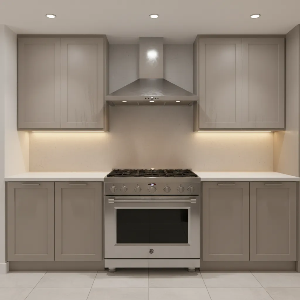 Beige kitchen cabinets above a silver oven and stove with a simple metal vent hood