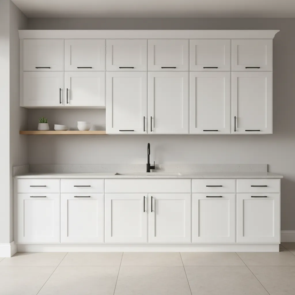 White kitchen cabinets with wall panels and black handles plus a light colored wooden shelf