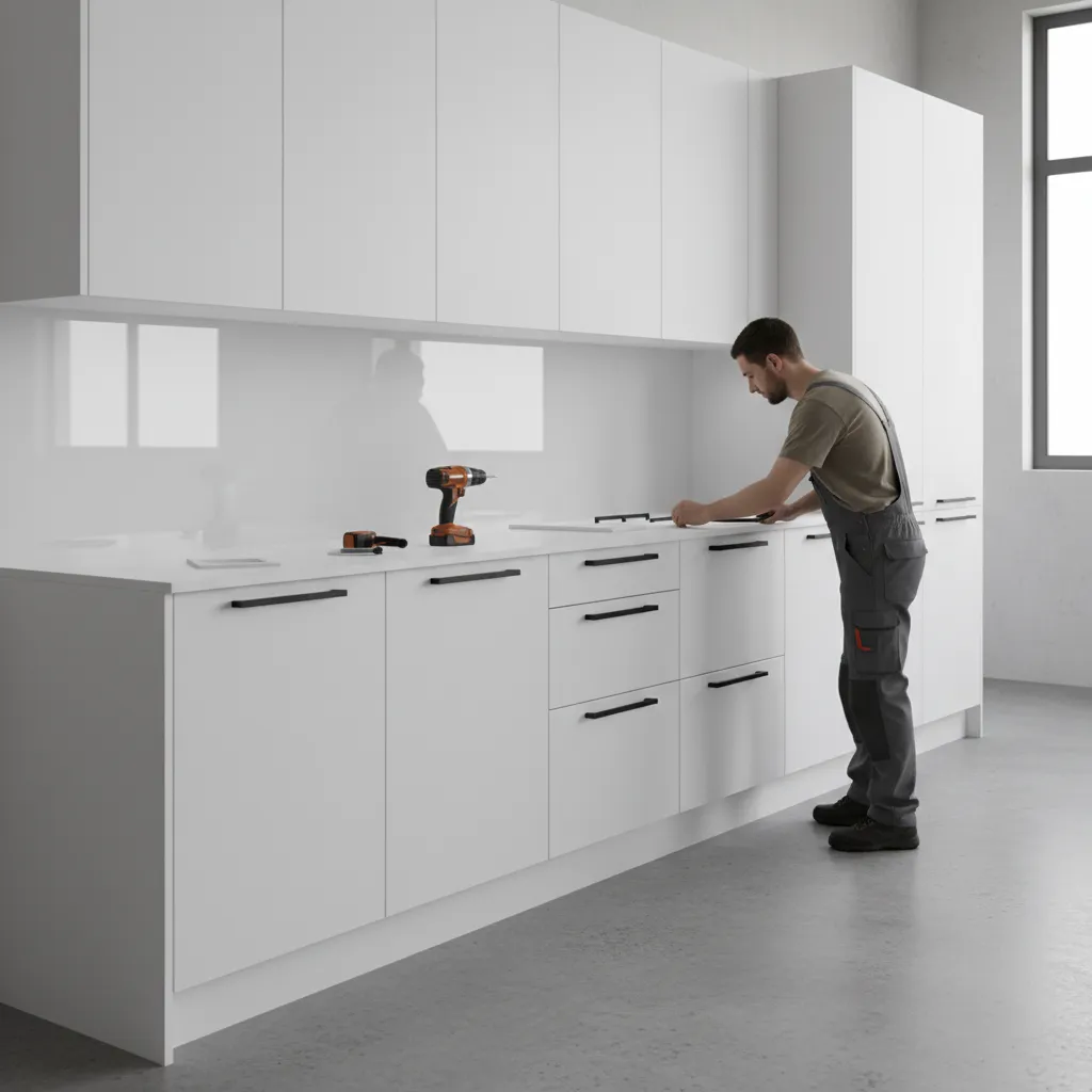 Installer aligning cabinet handles on modern kitchen drawers