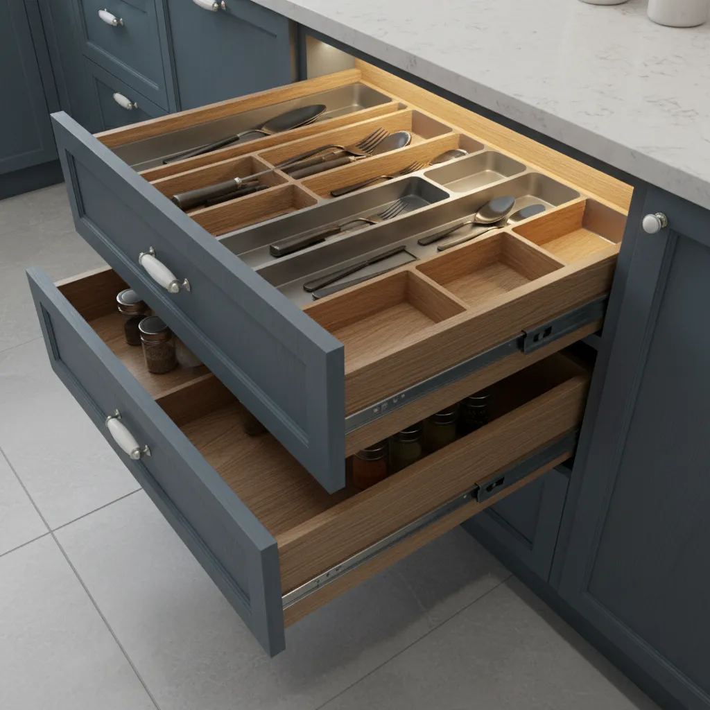 modern kitchen cabinet drawers with soft close hardware and pull out storage
