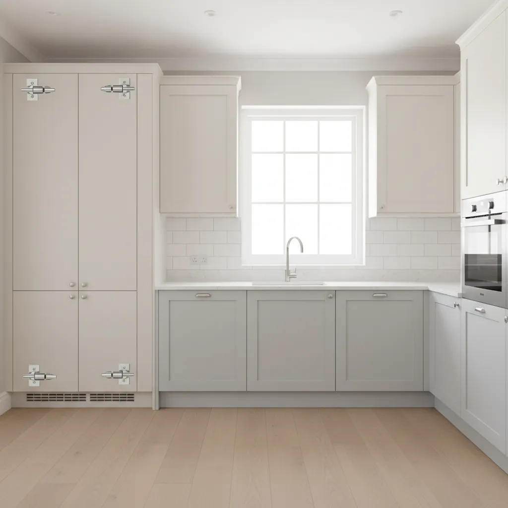 Different kitchen cabinets using magnetic catches and roller catches for different door types