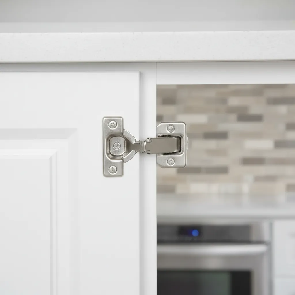 close up of modern cabinet hinges and hardware on new cabinet doors