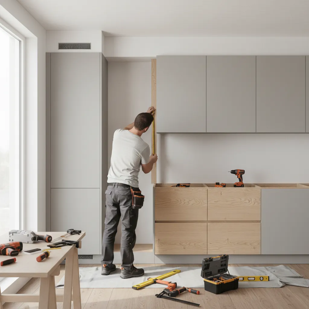 Installer adjusting kitchen cabinet with filler strip near wall