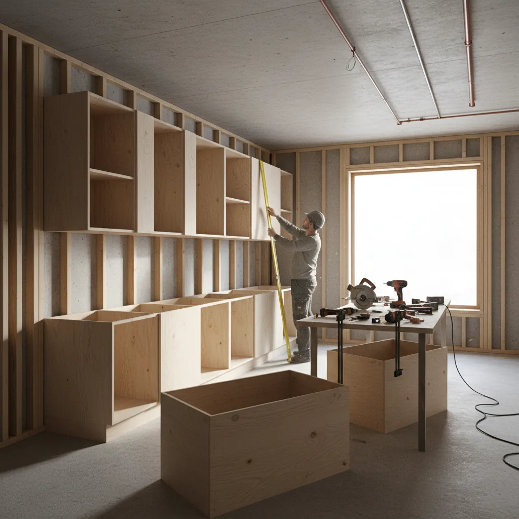 kitchen under renovation showing cabinet frames and installation process