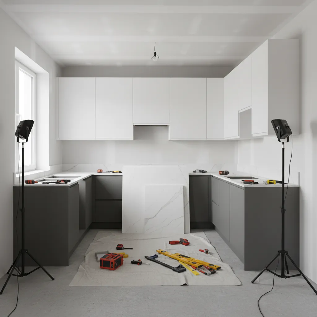 Kitchen cabinetry installation and countertop workspace