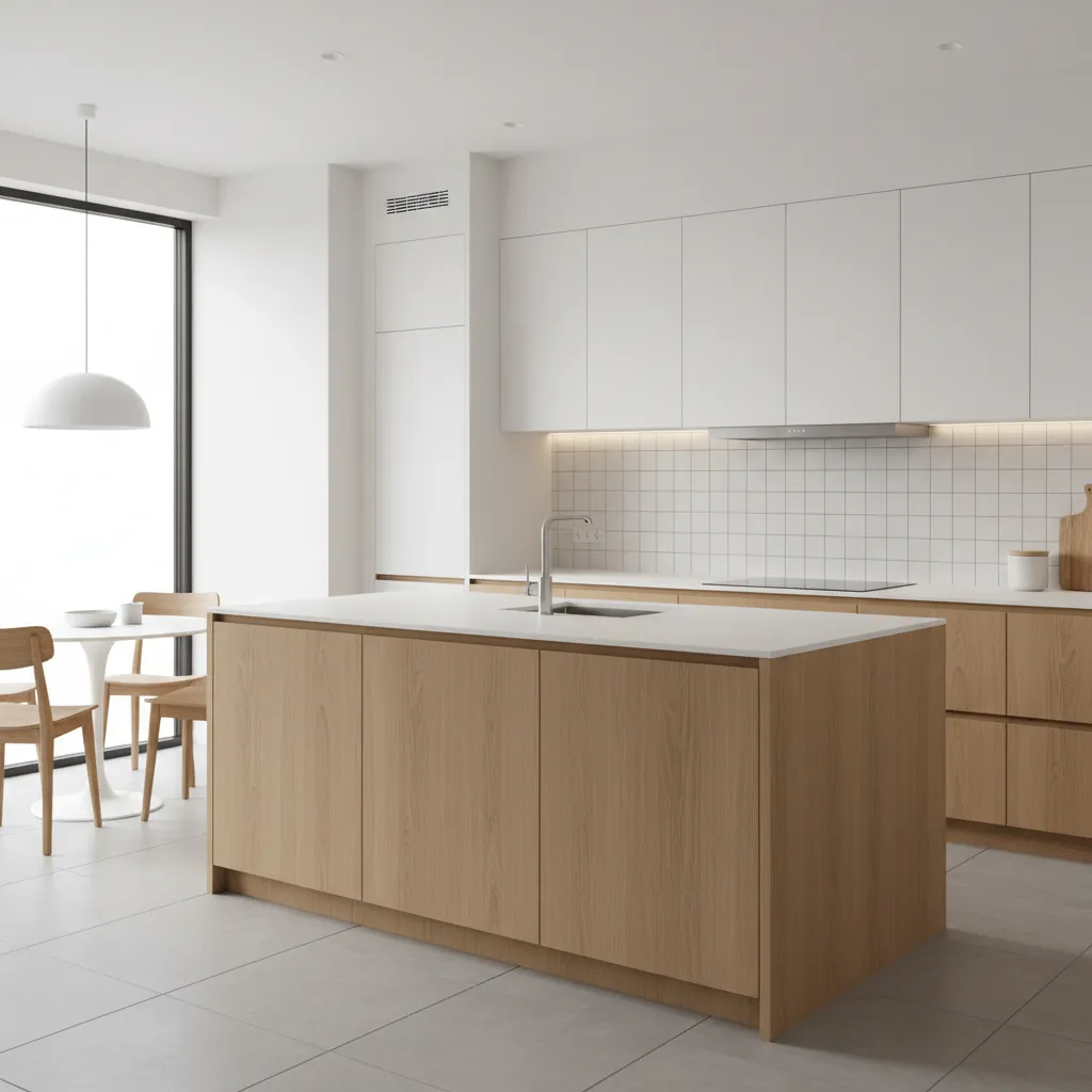 Finished kitchen cabinets after adhesive curing and installation