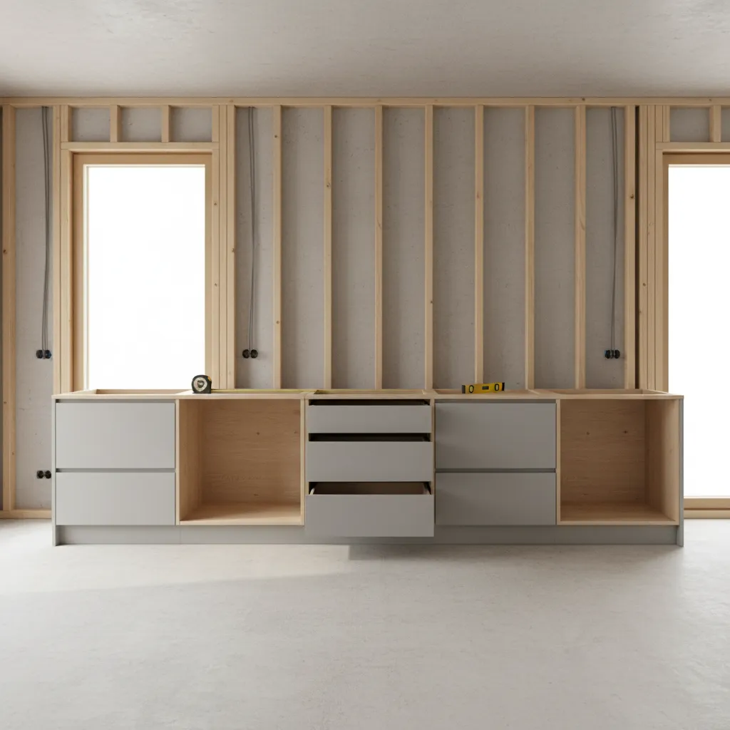 Grey kitchen base cabinet installation with tools placed on top against an unfinished wooden wall