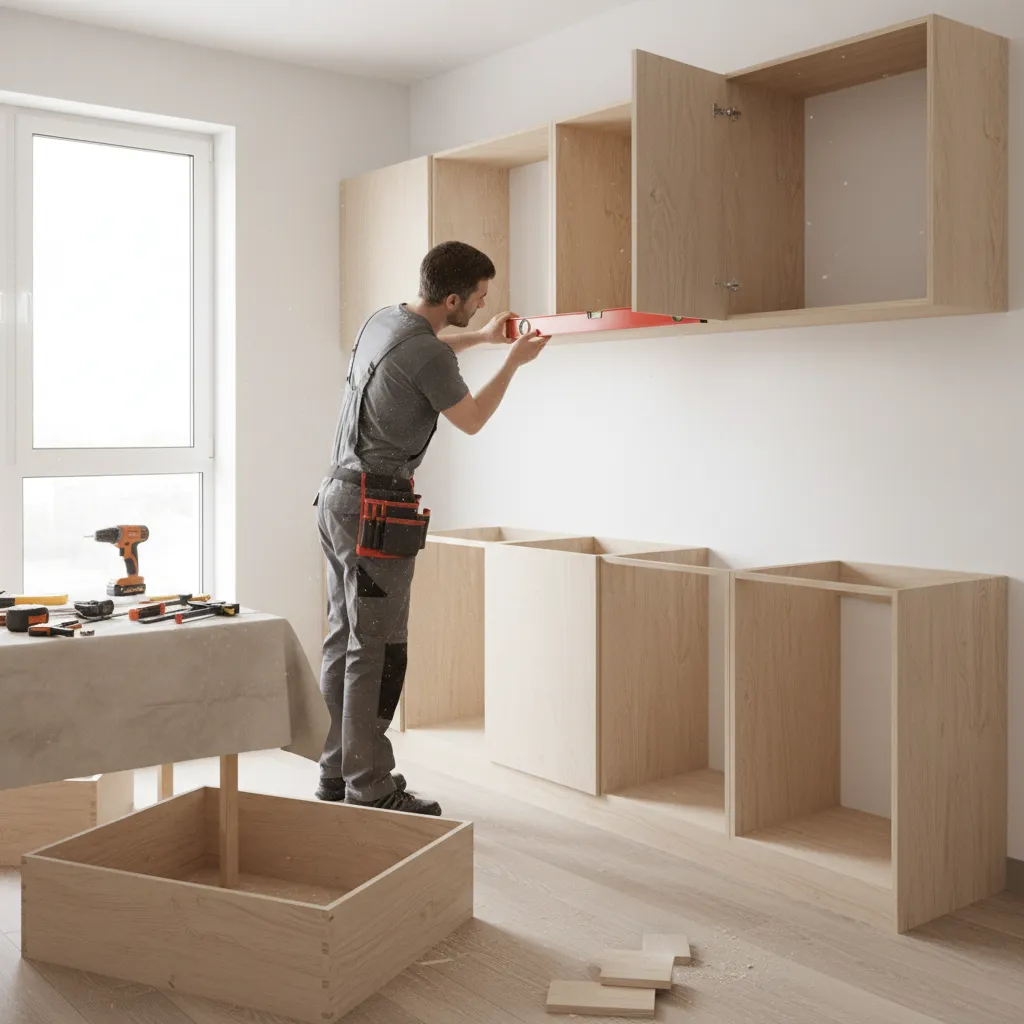 Professional installer leveling modular kitchen cabinets during installation
