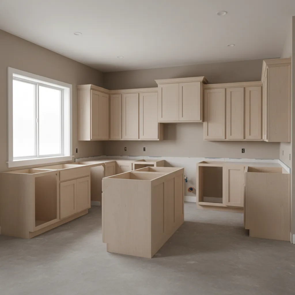 modern kitchen with newly installed cabinets before countertops