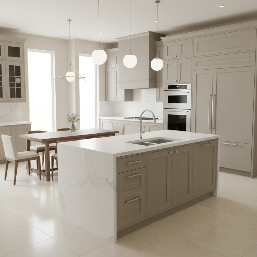 modern kitchen with newly installed cabinets and island layout
