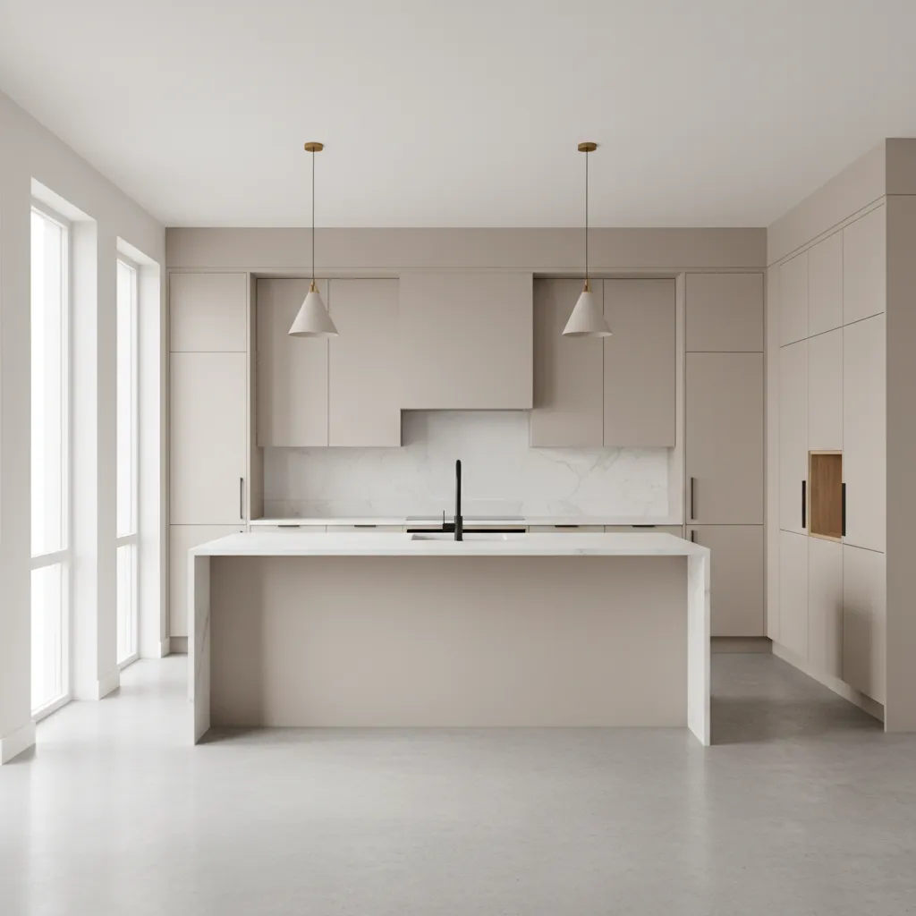 Minimalist beige kitchen with white island, black faucet, two ceiling lights, large windows, and cabinets